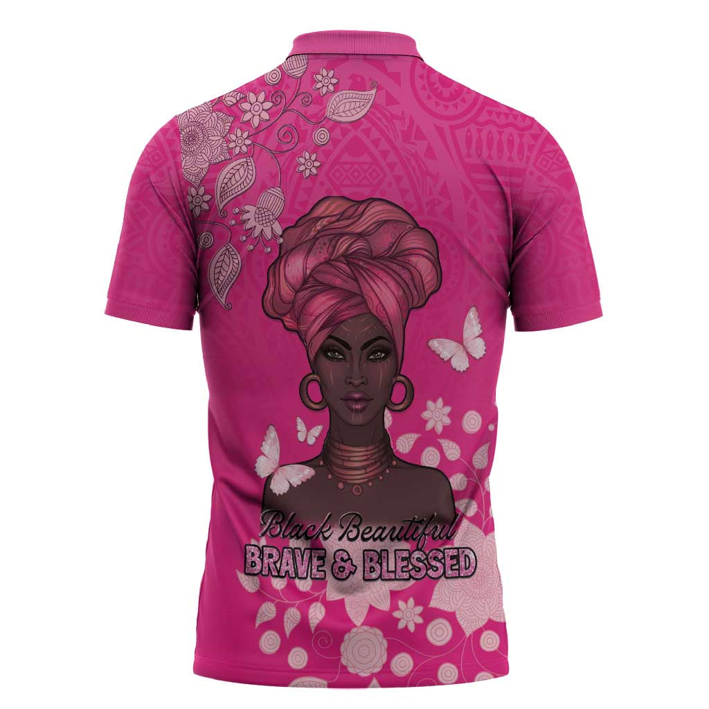 African Women Zipper Polo Shirt Black Beautiful Brave and Bressed - Pink Color