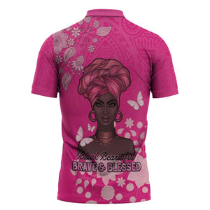 African Women Zipper Polo Shirt Black Beautiful Brave and Bressed - Pink Color