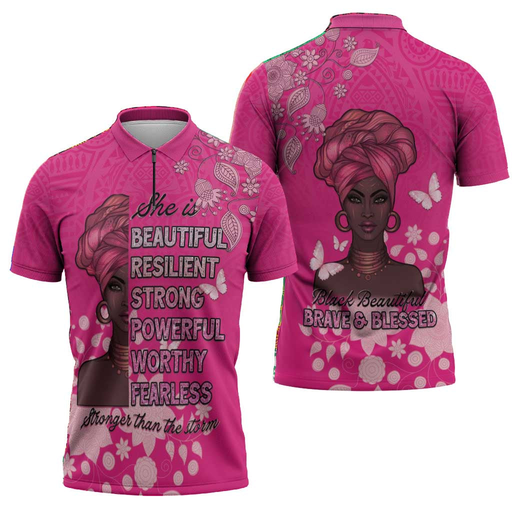 African Women Zipper Polo Shirt Black Beautiful Brave and Bressed - Pink Color