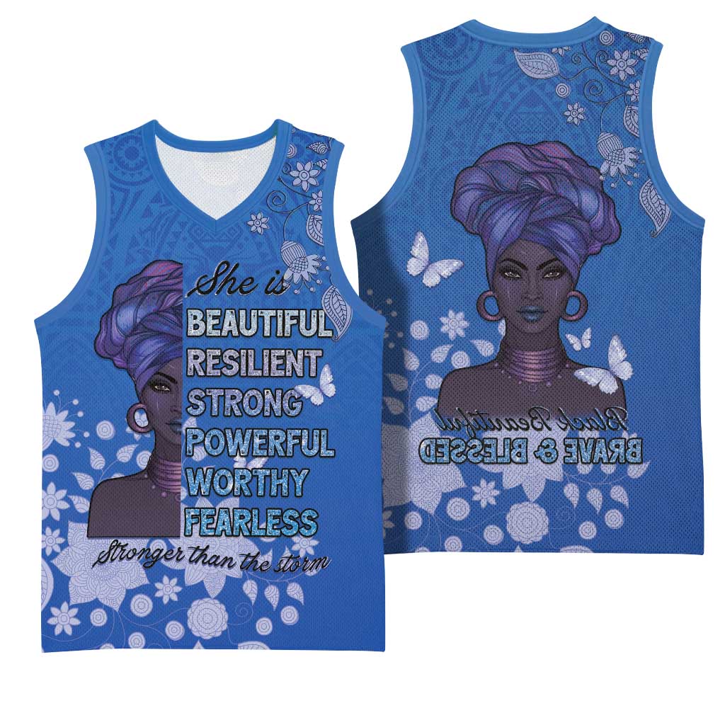 African Women Black Beautiful Brave and Bressed - Blue Color Basketball Jersey - African Pride