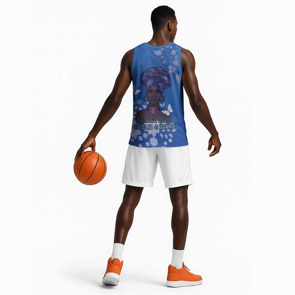 African Women Black Beautiful Brave and Bressed - Blue Color Basketball Jersey - African Pride