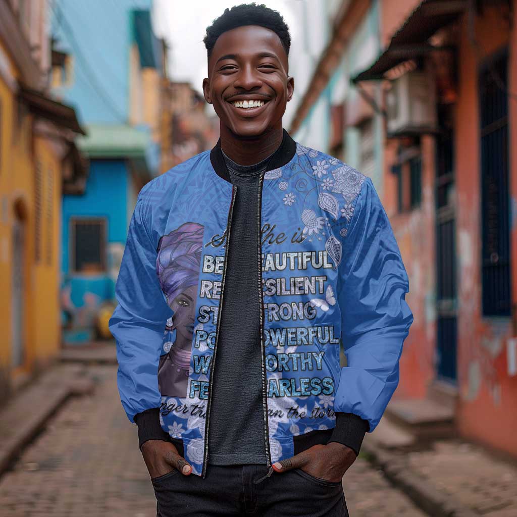 African Women Black Beautiful Brave and Bressed - Blue Color Bomber Jacket - African Pride