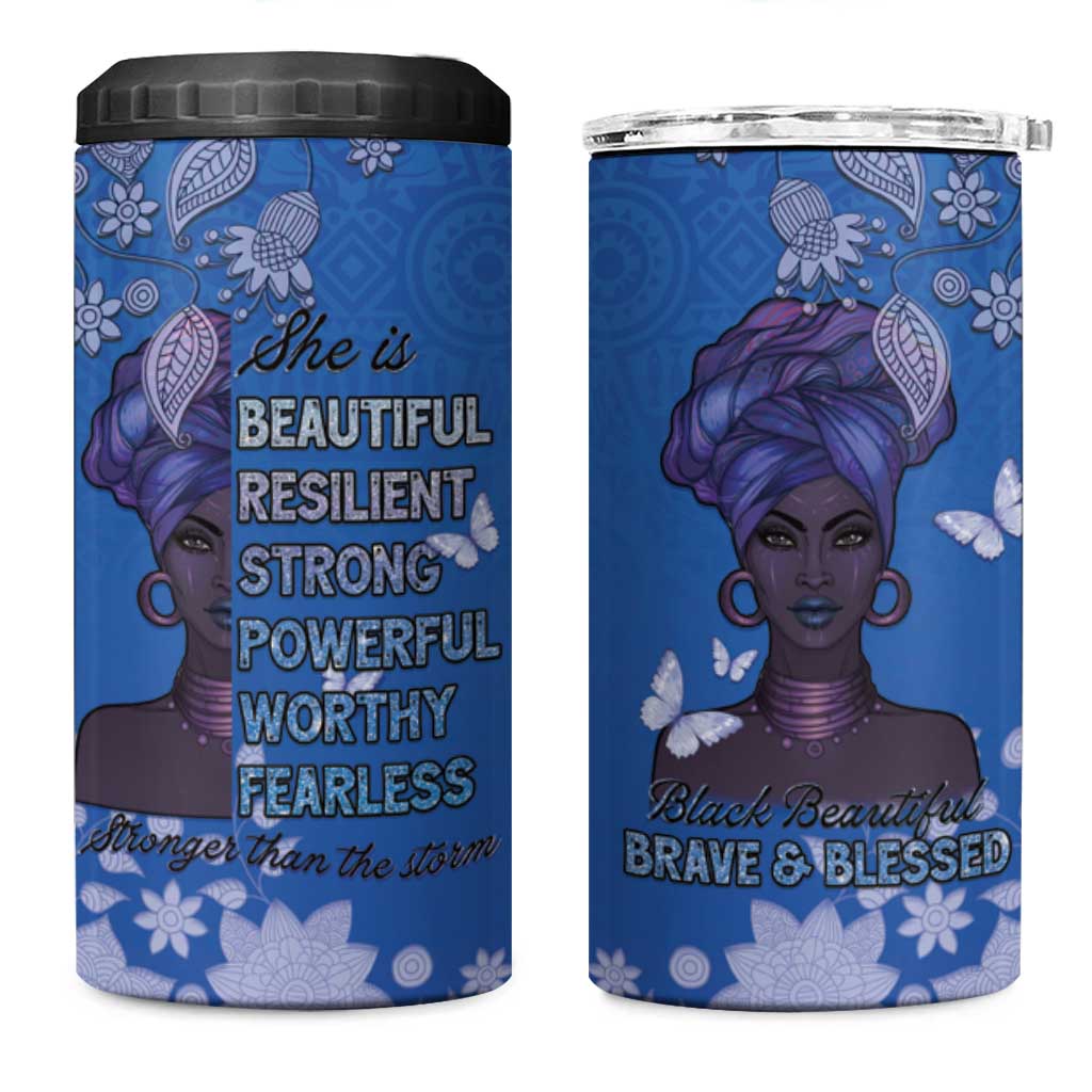 African Women Black Beautiful Brave and Bressed - Blue Color 4 in 1 Can Cooler Tumbler - African Pride