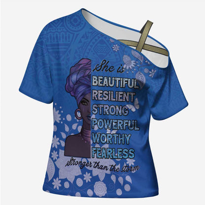 African Women Cross Shoulder Shirt Black Beautiful Brave and Bressed - Blue Color