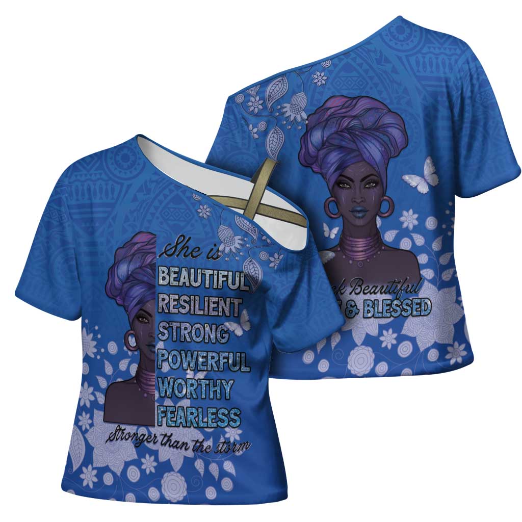 African Women Cross Shoulder Shirt Black Beautiful Brave and Bressed - Blue Color