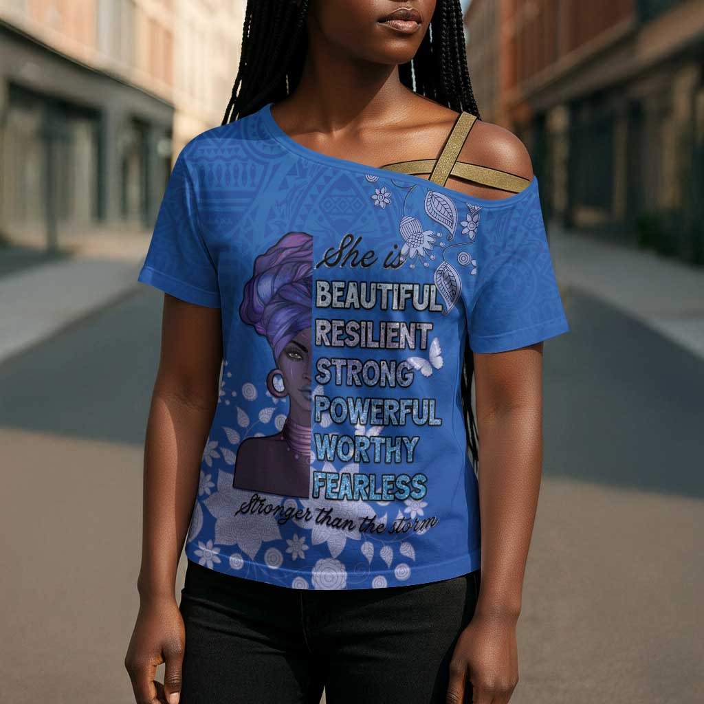 African Women Cross Shoulder Shirt Black Beautiful Brave and Bressed - Blue Color