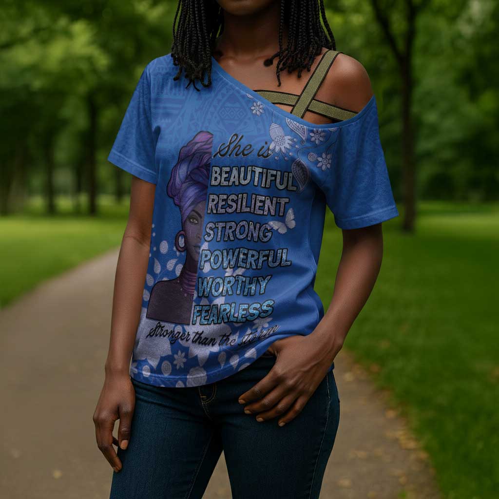 African Women Cross Shoulder Shirt Black Beautiful Brave and Bressed - Blue Color
