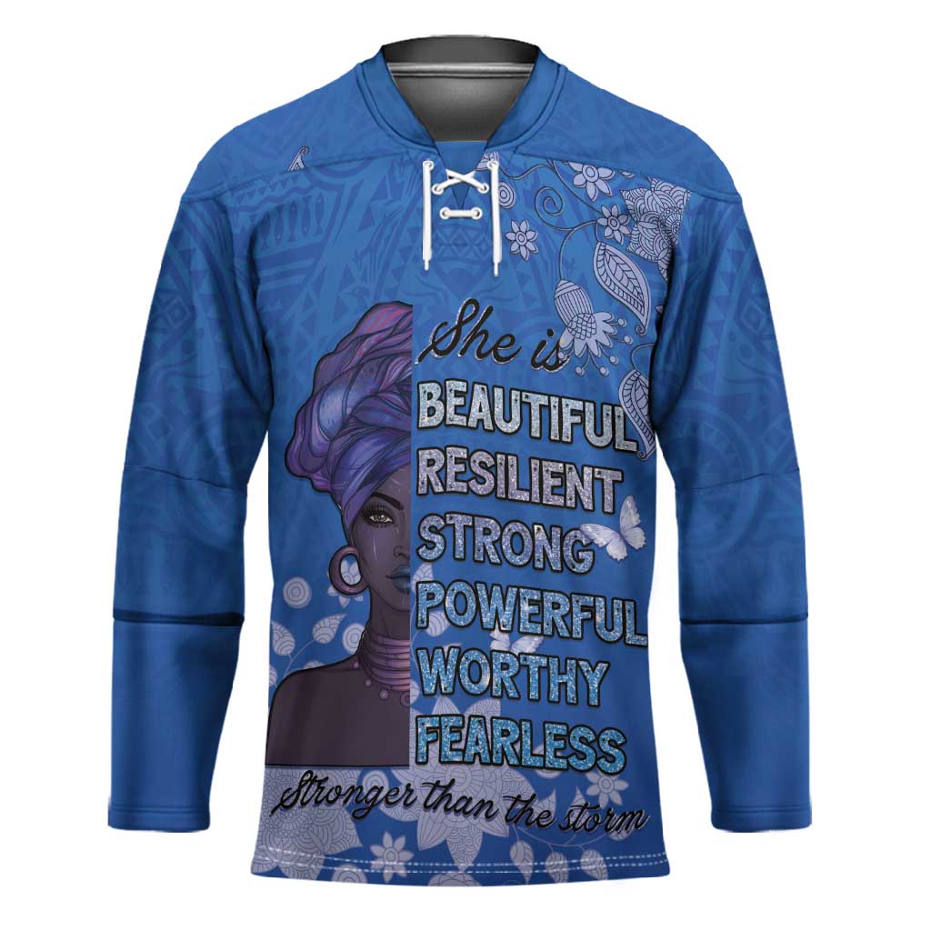 African Women Hockey Jersey Black Beautiful Brave and Bressed - Blue Color