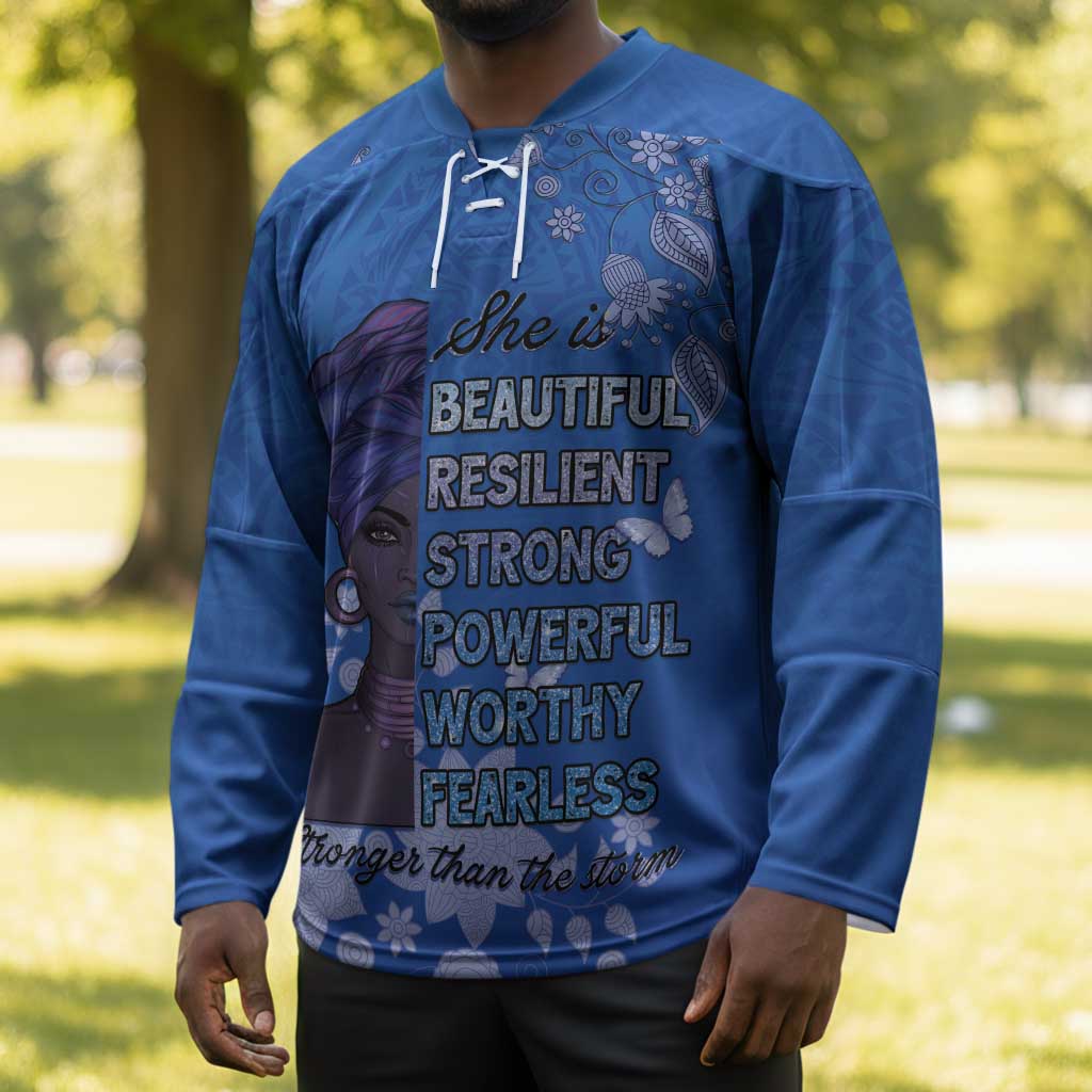 African Women Hockey Jersey Black Beautiful Brave and Bressed - Blue Color