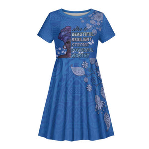 African Women Black Beautiful Brave and Bressed - Blue Color Kid Short Sleeve Dress - African Pride