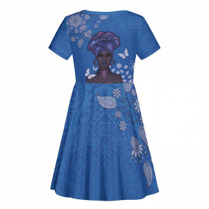 African Women Black Beautiful Brave and Bressed - Blue Color Kid Short Sleeve Dress - African Pride