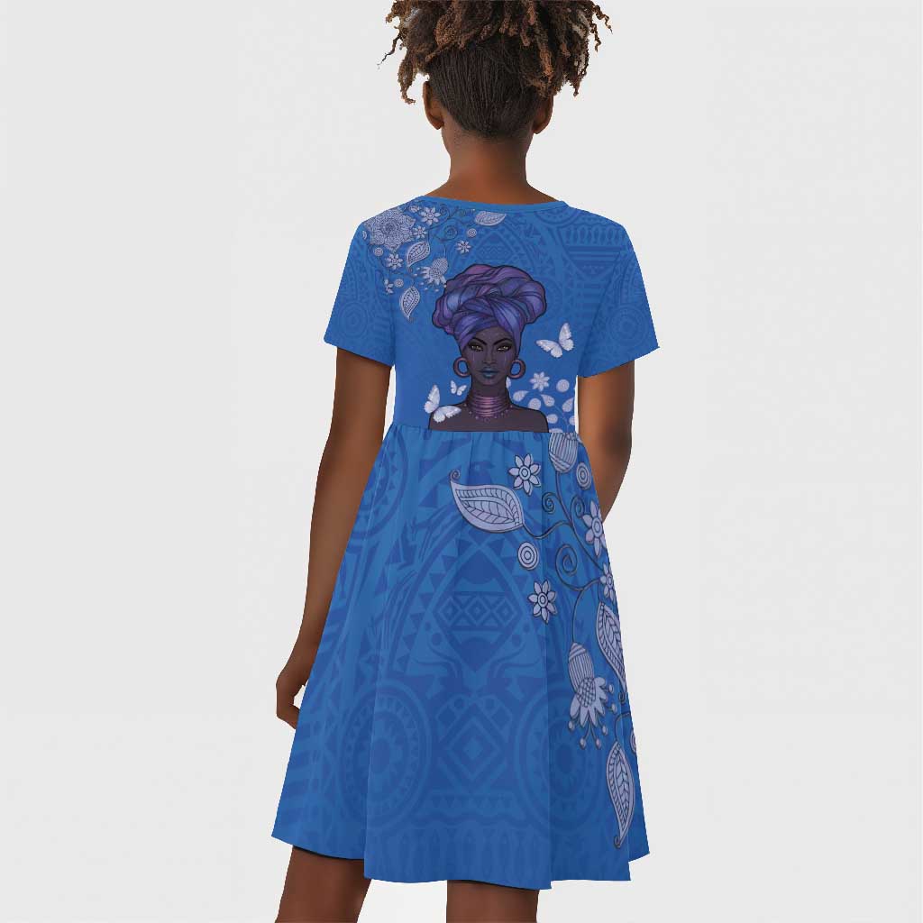 African Women Black Beautiful Brave and Bressed - Blue Color Kid Short Sleeve Dress - African Pride