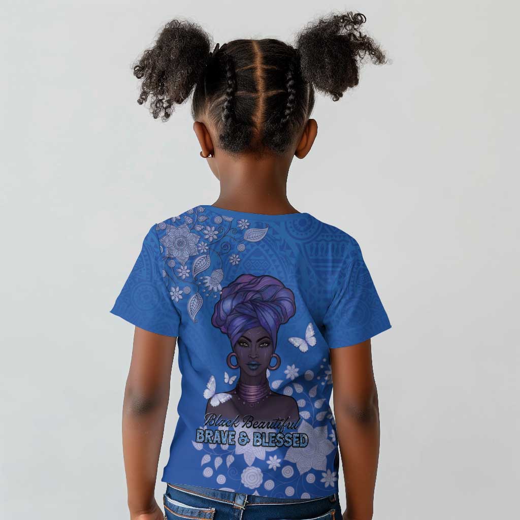 African Women Black Beautiful Brave and Bressed - Blue Color Kid T shirt - African Pride
