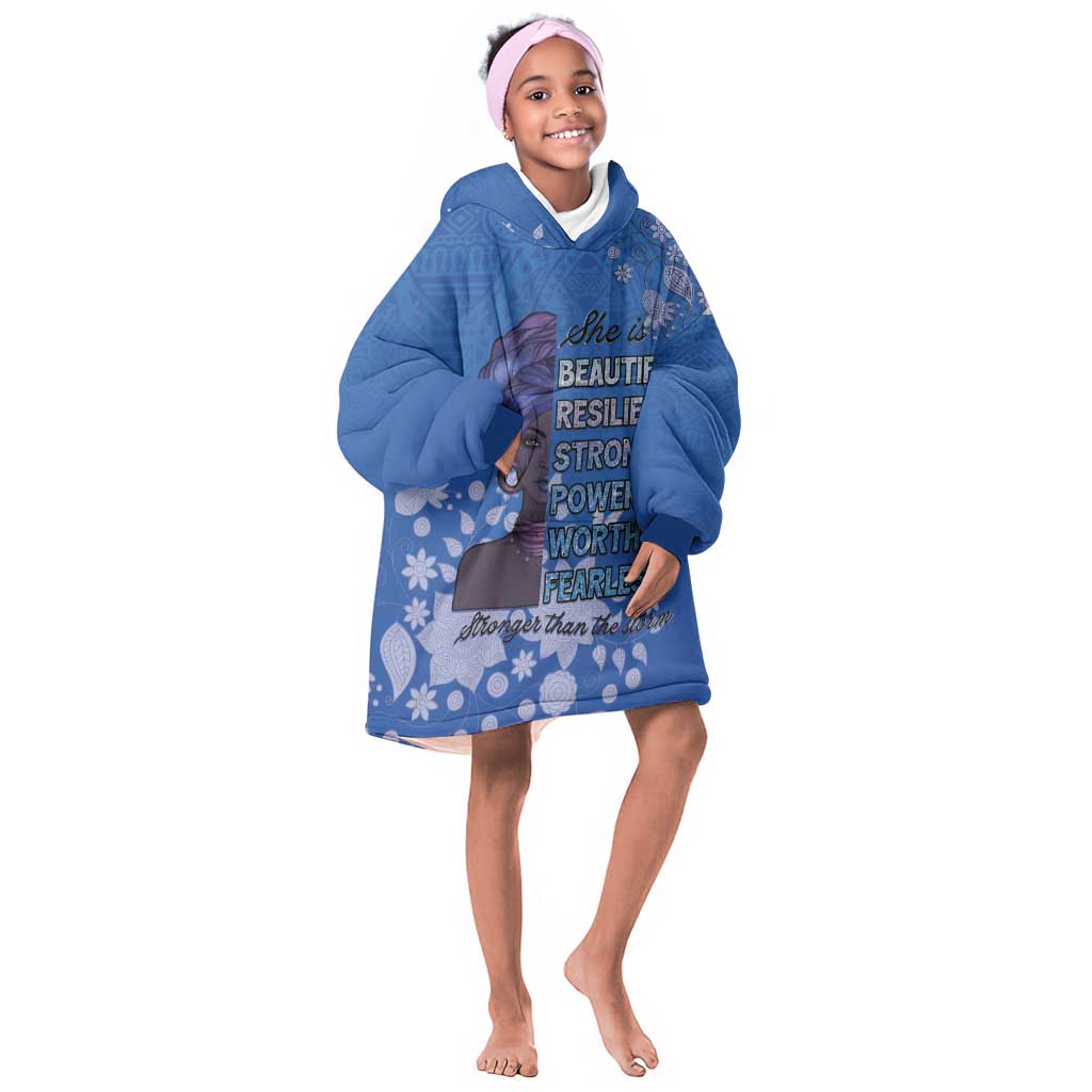 African Women Black Beautiful Brave and Bressed - Blue Color Kid Wearable Blanket Hoodie - African Pride