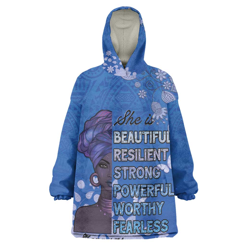 African Women Black Beautiful Brave and Bressed - Blue Color Kid Wearable Blanket Hoodie - African Pride