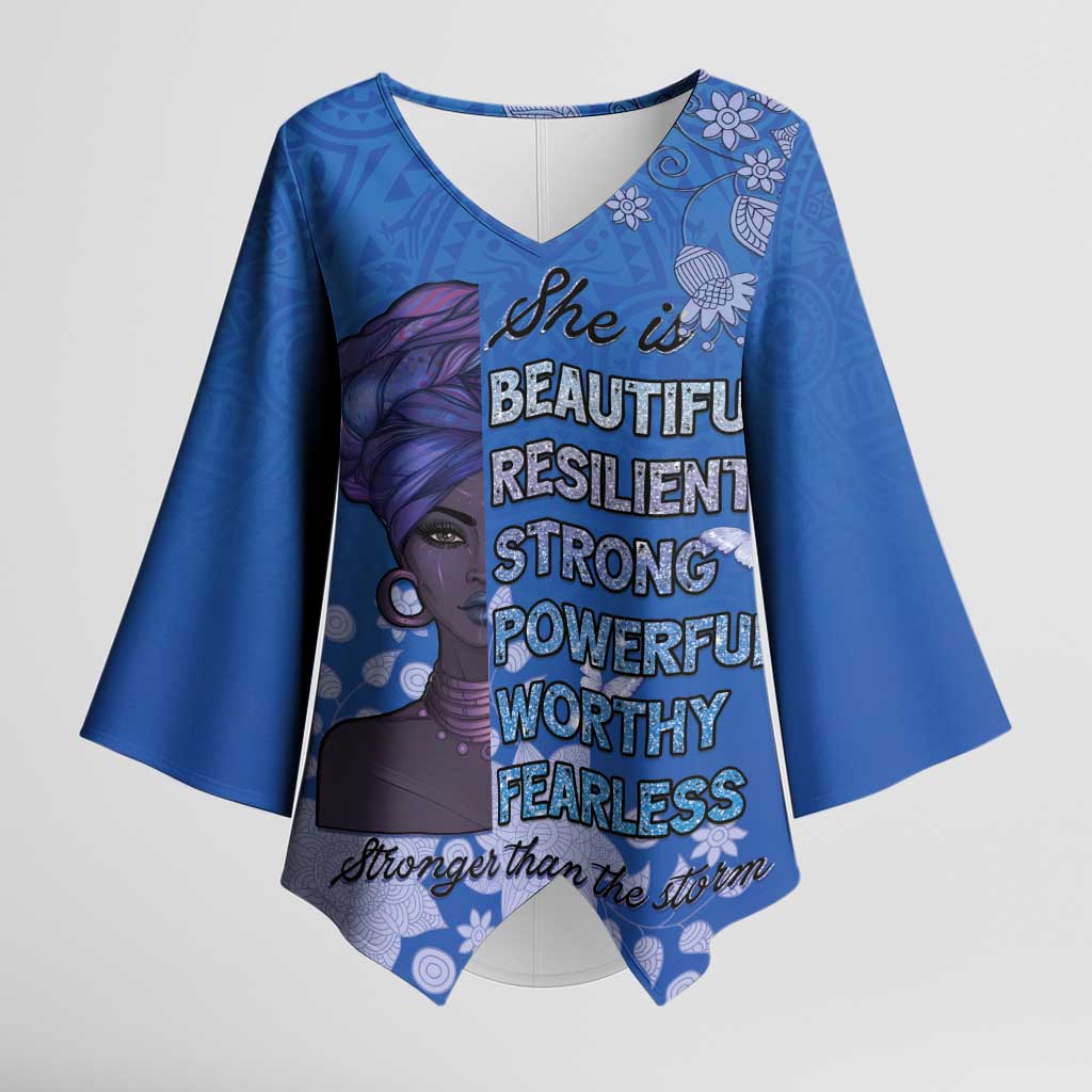 African Women Kimono Sleeve Blouse Black Beautiful Brave and Bressed - Blue Color