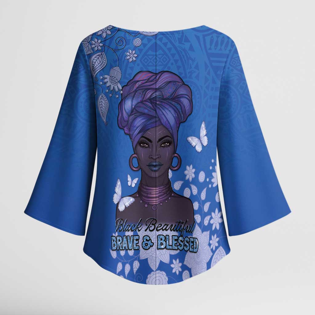 African Women Kimono Sleeve Blouse Black Beautiful Brave and Bressed - Blue Color