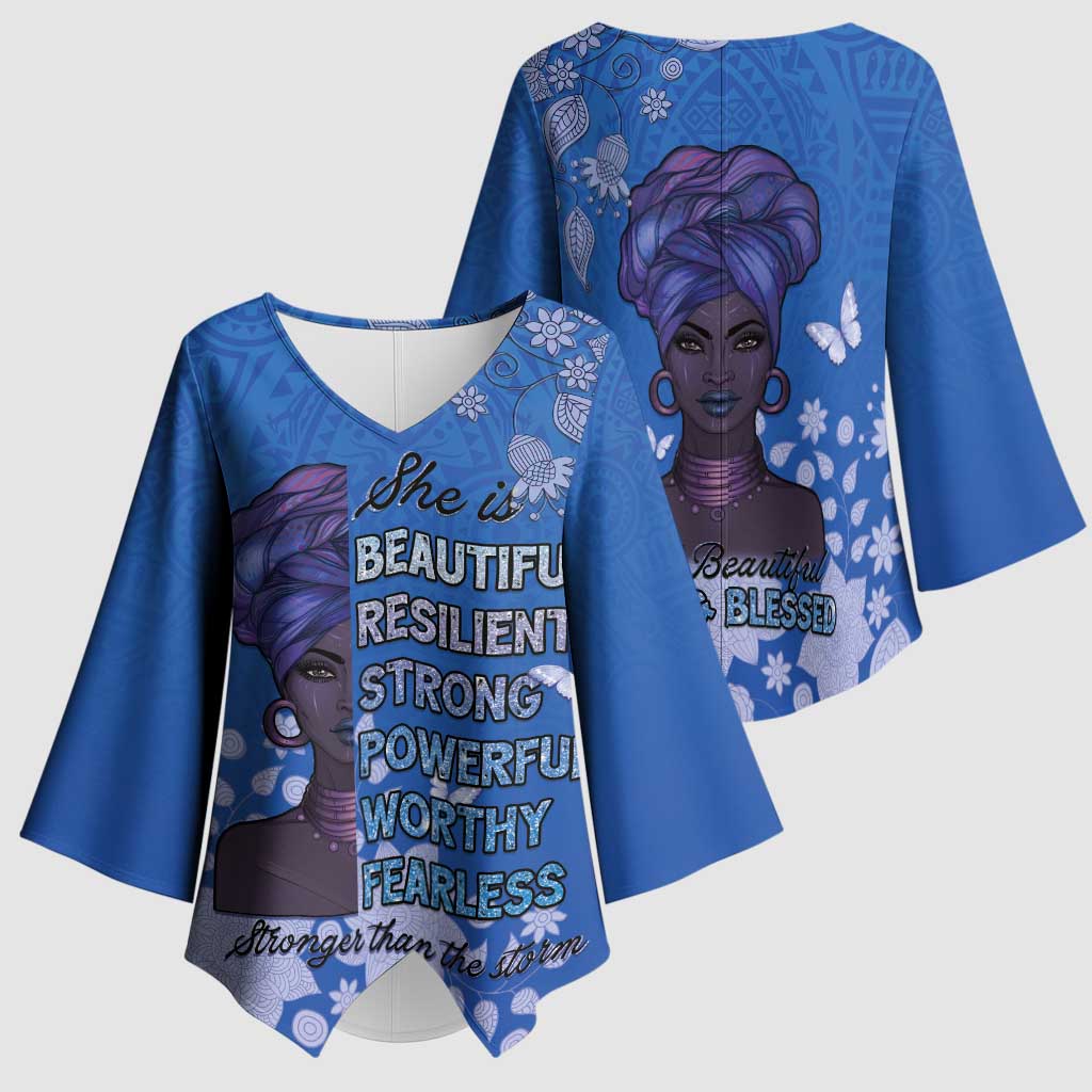 African Women Kimono Sleeve Blouse Black Beautiful Brave and Bressed - Blue Color