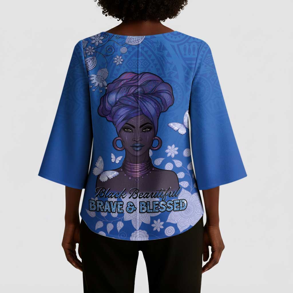 African Women Kimono Sleeve Blouse Black Beautiful Brave and Bressed - Blue Color