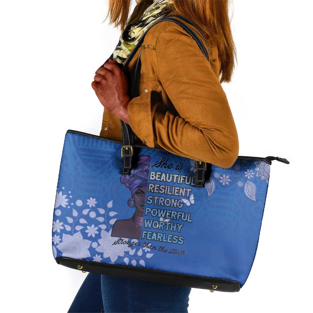 African Women Black Beautiful Brave and Bressed - Blue Color Leather Tote Bag - African Pride