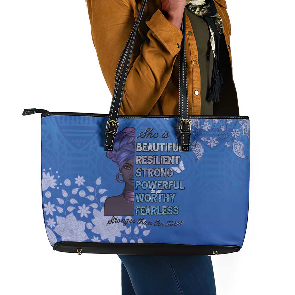 African Women Black Beautiful Brave and Bressed - Blue Color Leather Tote Bag - African Pride