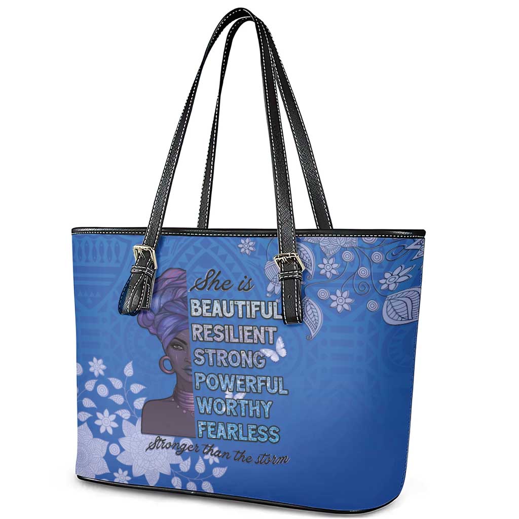 African Women Black Beautiful Brave and Bressed - Blue Color Leather Tote Bag - African Pride