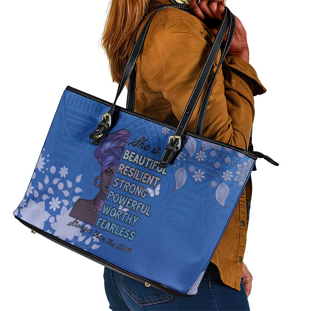 African Women Black Beautiful Brave and Bressed - Blue Color Leather Tote Bag - African Pride