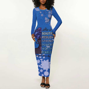 African Women Black Beautiful Brave and Bressed - Blue Color Long Sleeve Bodycon Dress - African Pride