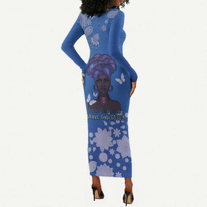 African Women Black Beautiful Brave and Bressed - Blue Color Long Sleeve Bodycon Dress - African Pride
