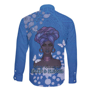 African Women Black Beautiful Brave and Bressed - Blue Color Long Sleeve Button Shirt - African Pride