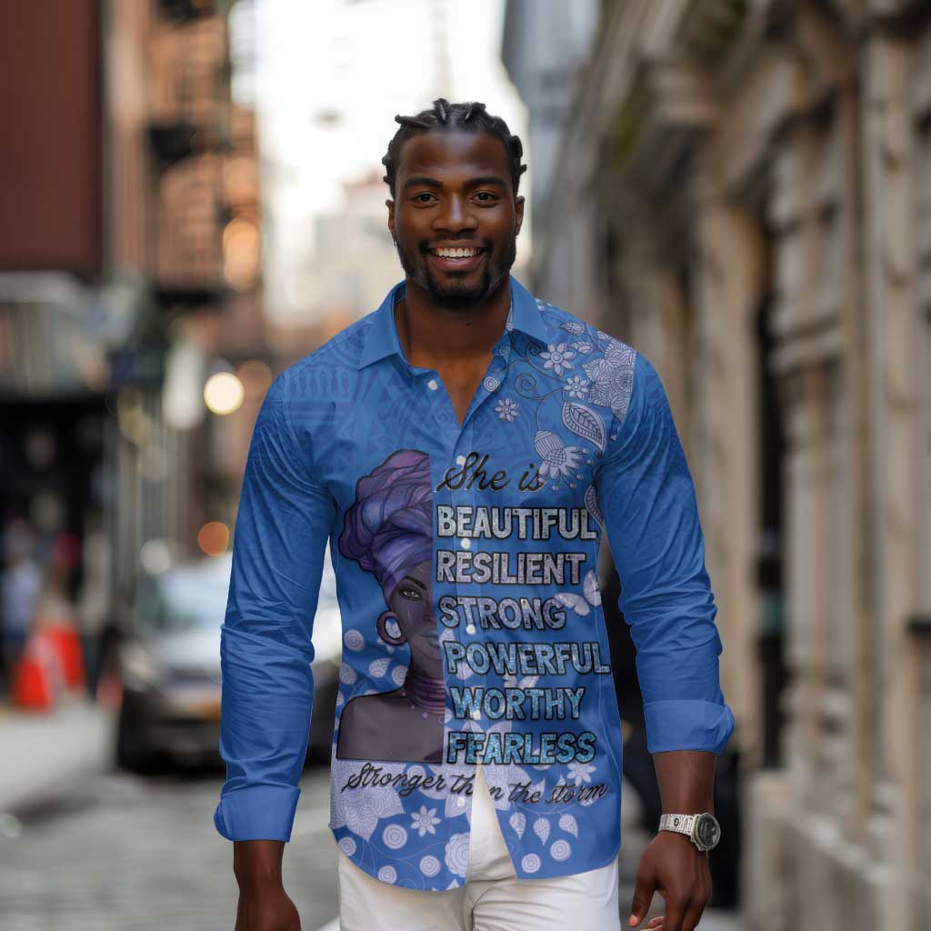 African Women Black Beautiful Brave and Bressed - Blue Color Long Sleeve Button Shirt - African Pride