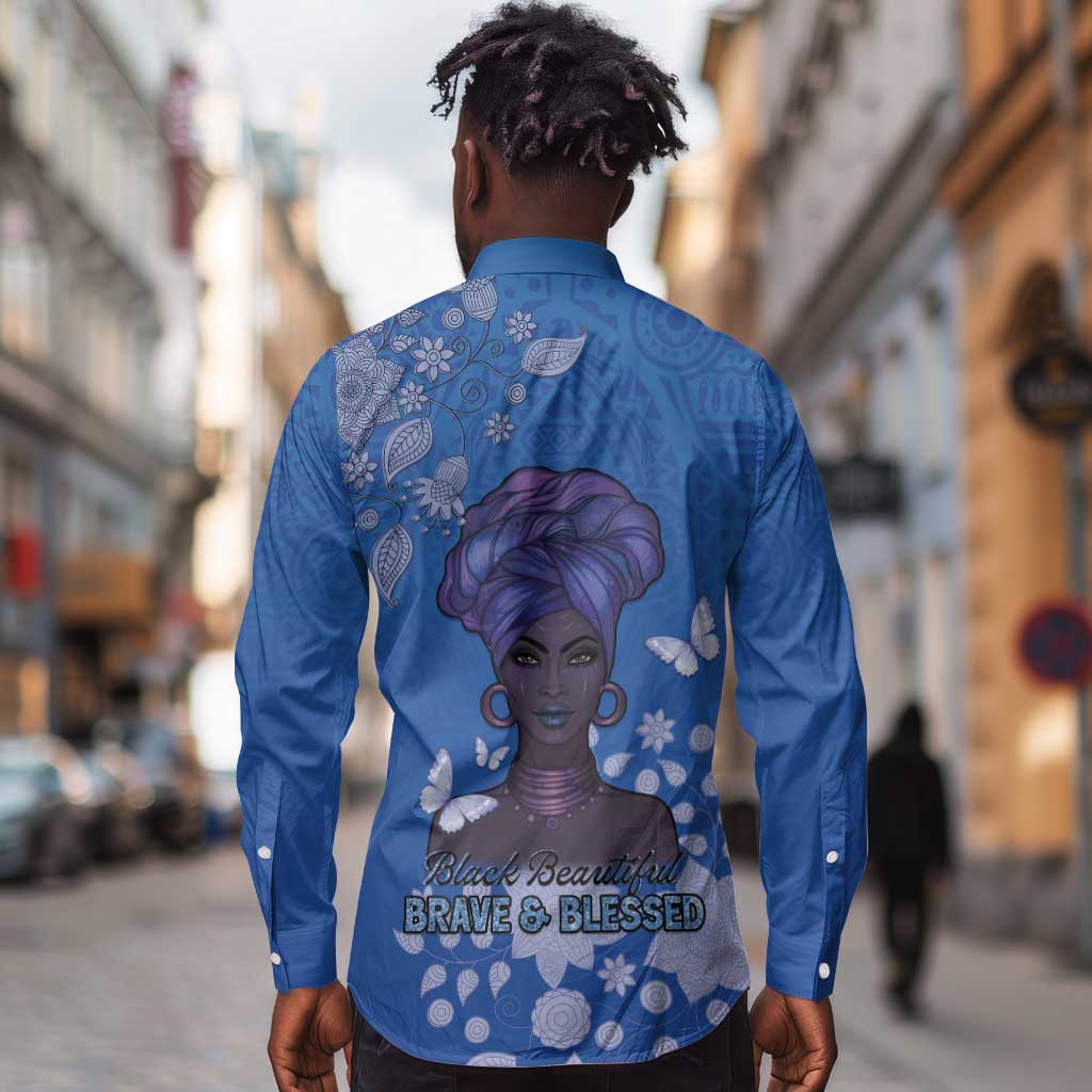 African Women Black Beautiful Brave and Bressed - Blue Color Long Sleeve Button Shirt - African Pride