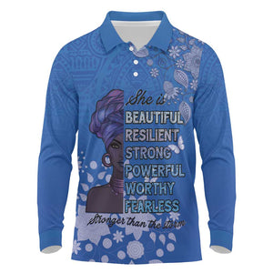 African Women Black Beautiful Brave and Bressed - Blue Color Long Sleeve Polo Shirt - African Pride