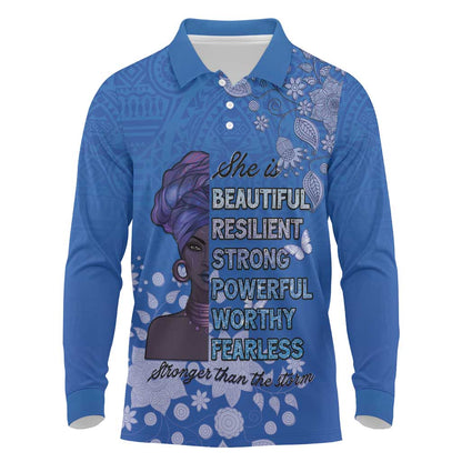 African Women Black Beautiful Brave and Bressed - Blue Color Long Sleeve Polo Shirt - African Pride