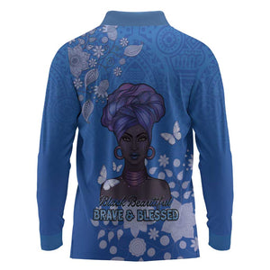 African Women Black Beautiful Brave and Bressed - Blue Color Long Sleeve Polo Shirt - African Pride