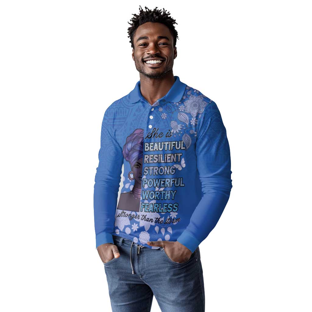 African Women Black Beautiful Brave and Bressed - Blue Color Long Sleeve Polo Shirt - African Pride