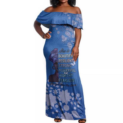 African Women Black Beautiful Brave and Bressed - Blue Color Off Shoulder Maxi Dress - African Pride