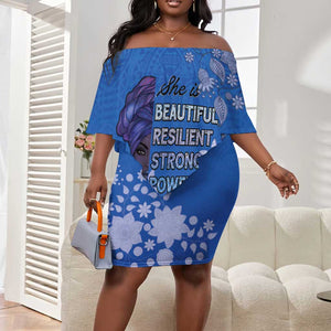 African Women Black Beautiful Brave and Bressed - Blue Color Off Shoulder Short Dress - African Pride