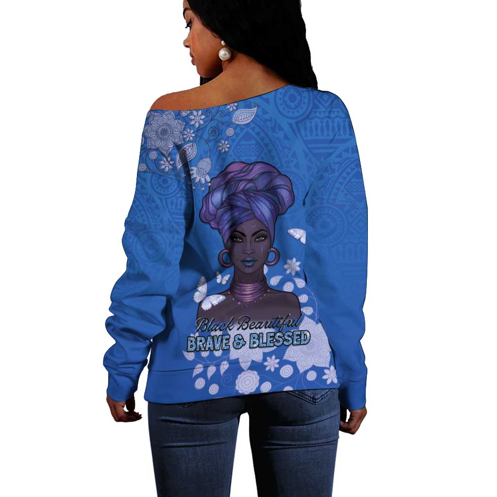 African Women Black Beautiful Brave and Bressed - Blue Color Off Shoulder Sweater - African Pride