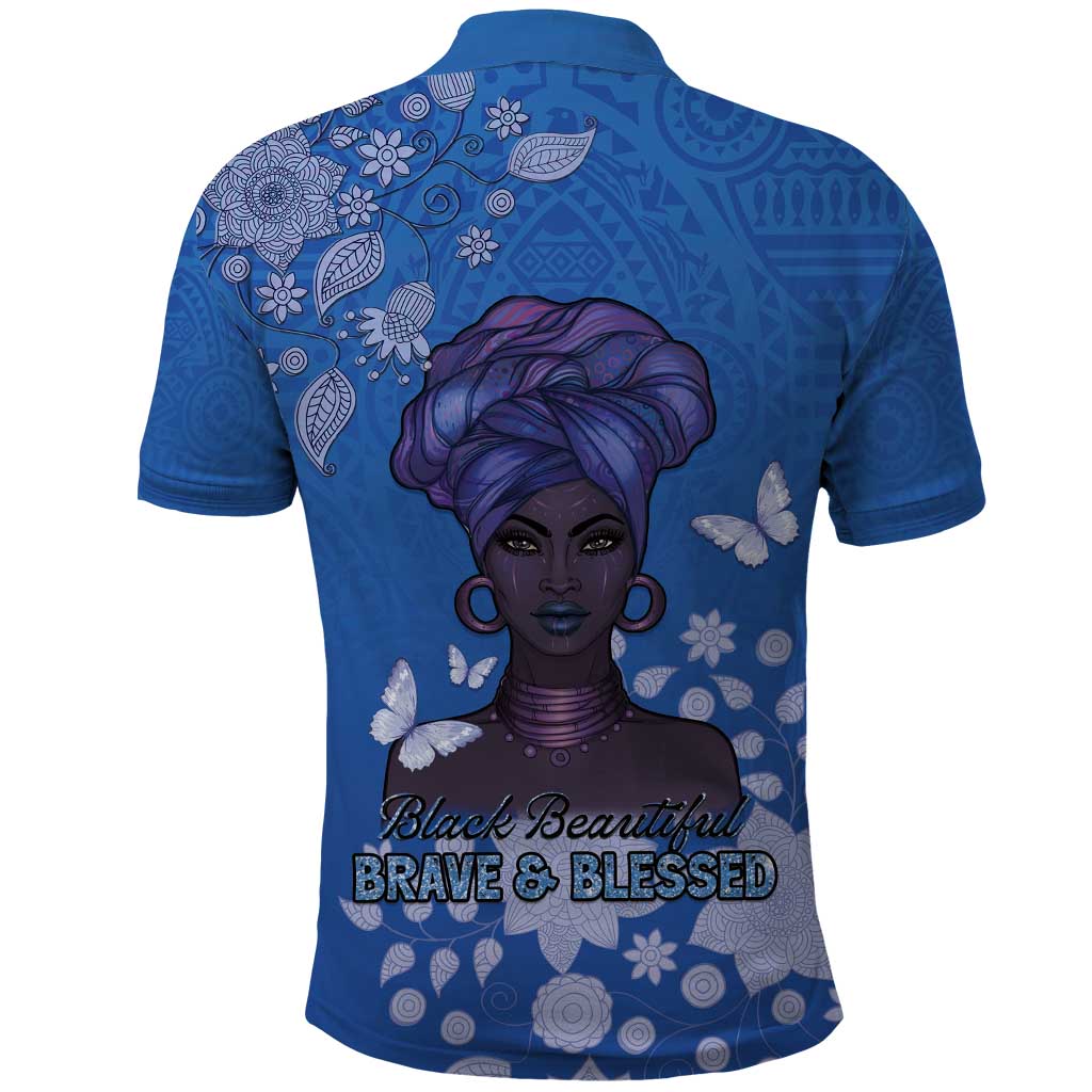 African Women Black Beautiful Brave and Bressed - Blue Color Polo Shirt - African Pride