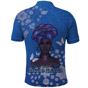 African Women Black Beautiful Brave and Bressed - Blue Color Polo Shirt - African Pride
