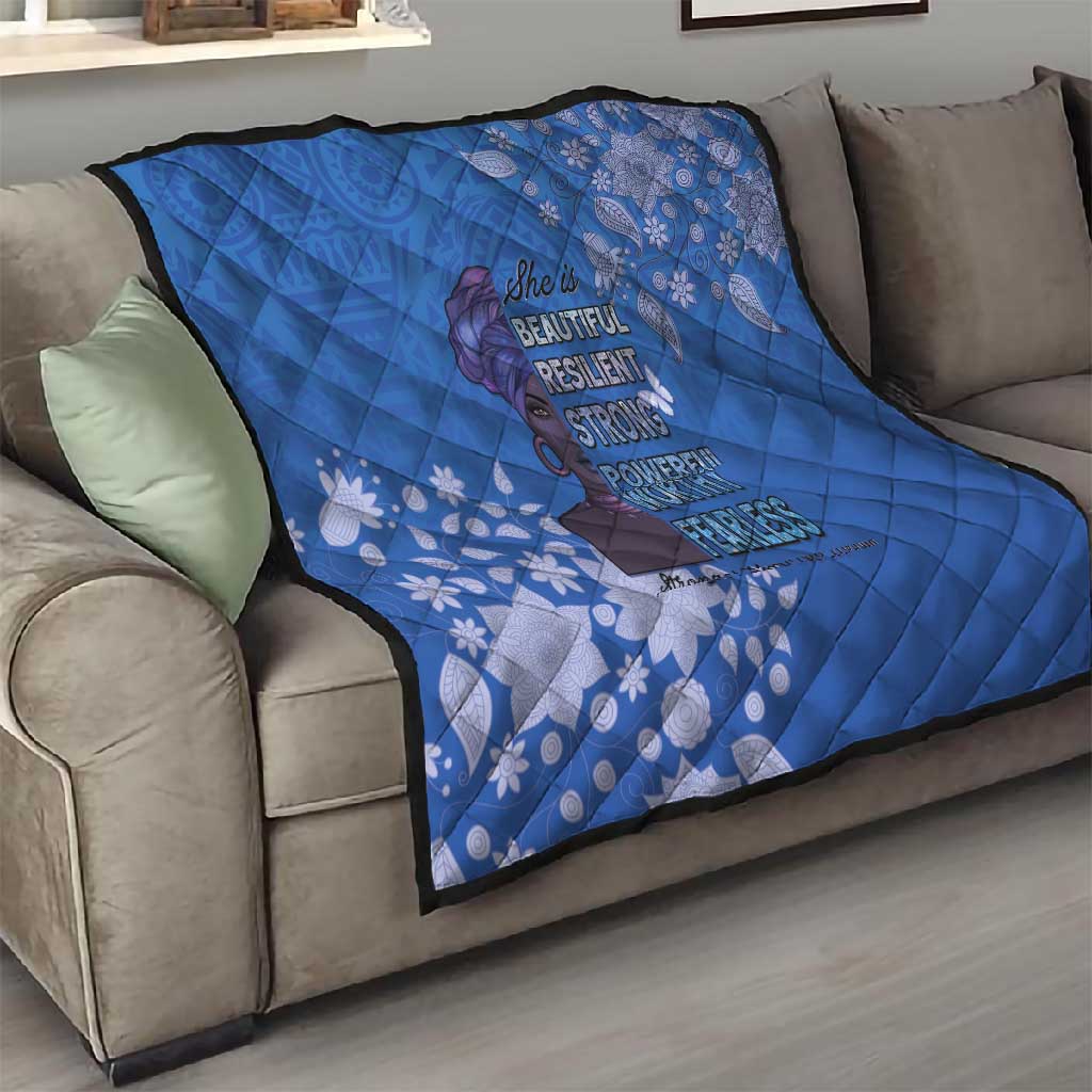 African Women Black Beautiful Brave and Bressed - Blue Color Quilt - African Pride