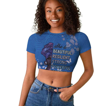 African Women Black Beautiful Brave and Bressed - Blue Color Raglan Cropped T shirt - African Pride