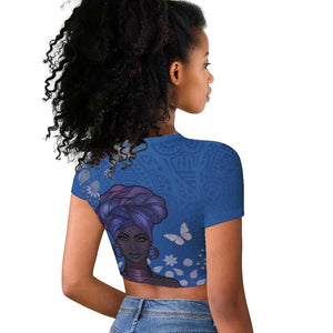 African Women Black Beautiful Brave and Bressed - Blue Color Raglan Cropped T shirt - African Pride