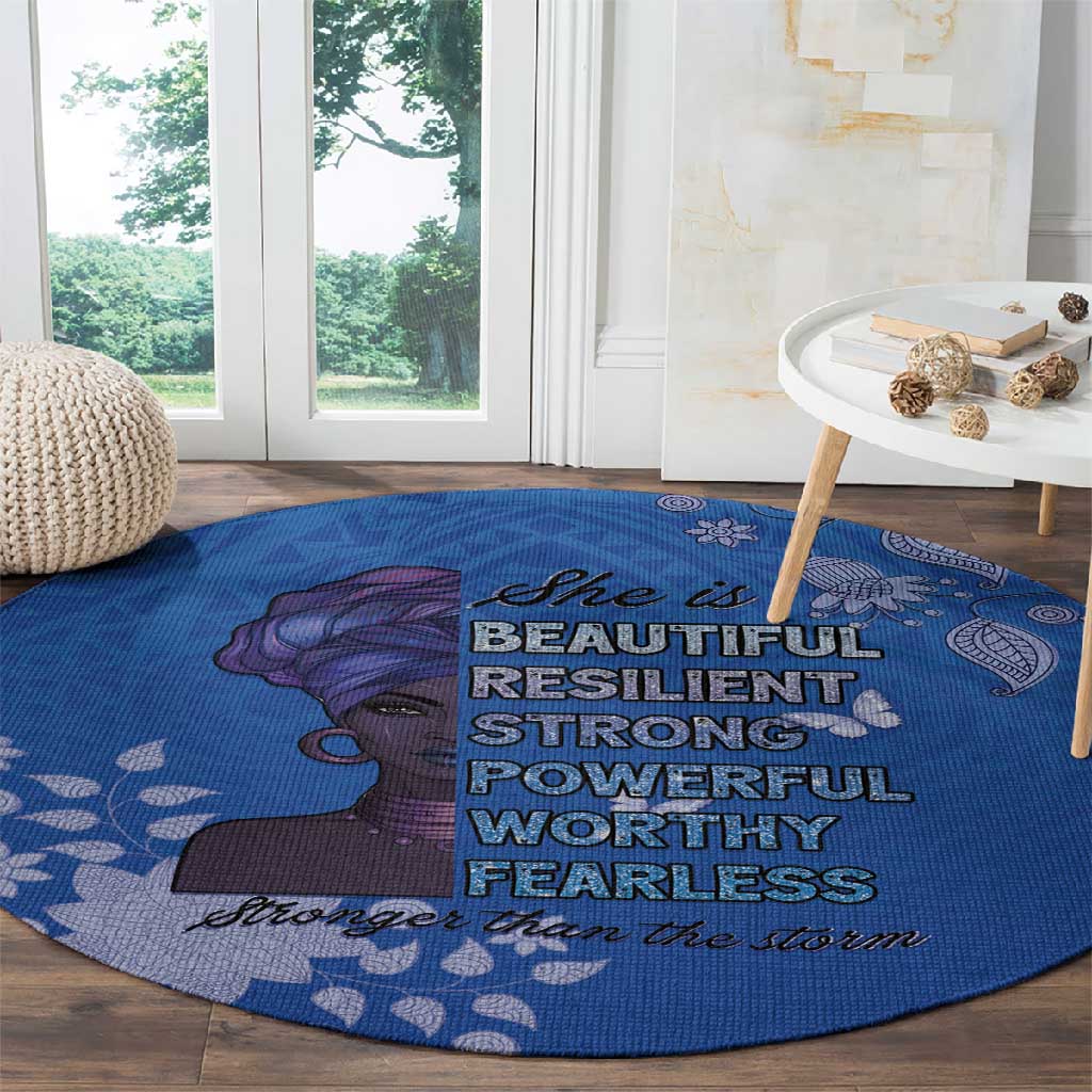 African Women Black Beautiful Brave and Bressed - Blue Color Round Carpet - African Pride
