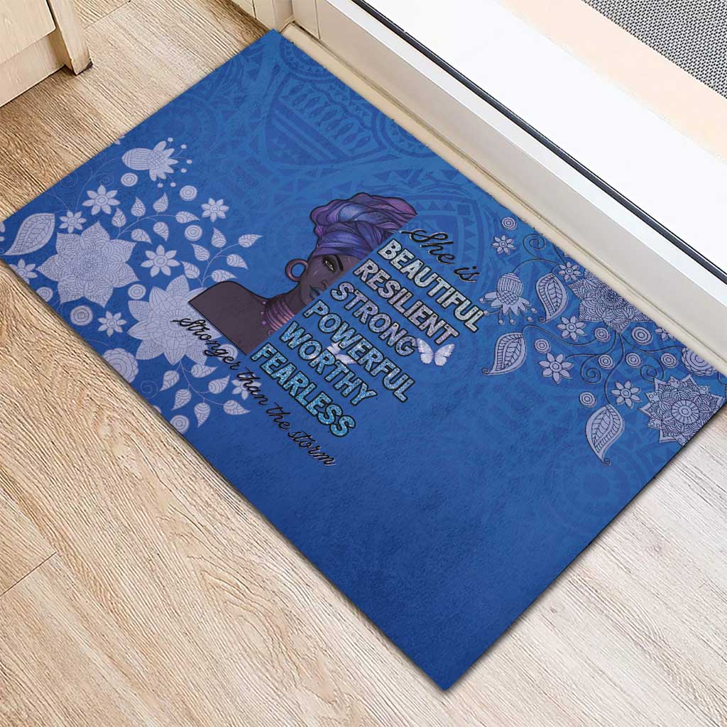 African Women Black Beautiful Brave and Bressed - Blue Color Rubber Doormat - African Pride