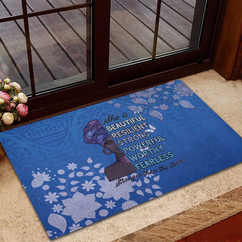 African Women Black Beautiful Brave and Bressed - Blue Color Rubber Doormat - African Pride