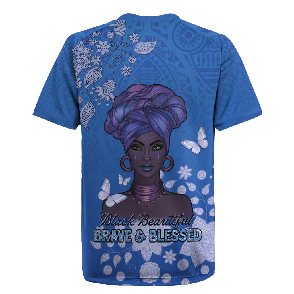 African Women Black Beautiful Brave and Bressed - Blue Color Rugby Jersey - African Pride