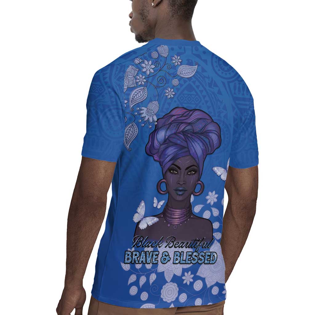 African Women Black Beautiful Brave and Bressed - Blue Color Rugby Jersey - African Pride