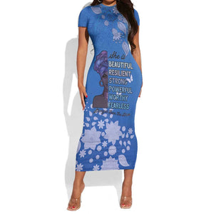 African Women Black Beautiful Brave and Bressed - Blue Color Short Sleeve Bodycon Dress - African Pride